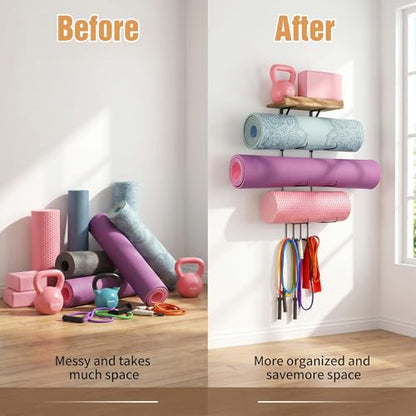 Yoga Mat Holder Wall Mount, Yoga Mat Organizer Storage Home Gym Accessories with Wood Floating Shelves for Storing Fitness, Yoga Mat Rack with 4 Hooks for Hanging Foam Roller and Resistance Bands