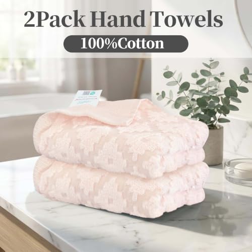 VOOVA & MOVAS Pink Hand Towels 2 Pack, 100% Cotton, 13x29 in | Lightweight Fluffy, Absorbent & Quick Dry, Fade Resistant, Jacquard Design, Built-in Hanging Loop, Gentle on Skin - color: Pink