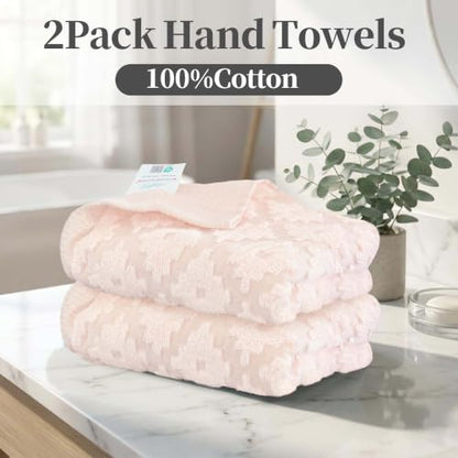 VOOVA & MOVAS Pink Hand Towels 2 Pack, 100% Cotton, 13x29 in | Lightweight Fluffy, Absorbent & Quick Dry, Fade Resistant, Jacquard Design, Built-in Hanging Loop, Gentle on Skin - color: Pink