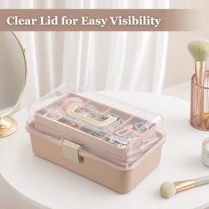 BTSKY 3-Layer Foldable Craft Organizer, Portable Tackle Box with Handle & Adjustable Dividers, Multi-Purpose Toolbox for Art Supplies, Sewing, Medicine, 12.2x6.7x5.7 Inch, Blush Pink - color: Blush Pink