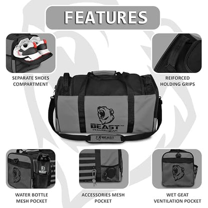 Beast Power Gear Gym Duffle Bag, Gray/Black - color: Gray/Black