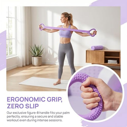 Cur8trend Figure 8 Resistance Bands with Handles for Arms Back Shoulders, 20LB Silicone Exercise Bands for Full Body Workout Yoga Stretching Posture Correction Women Men (Gray)