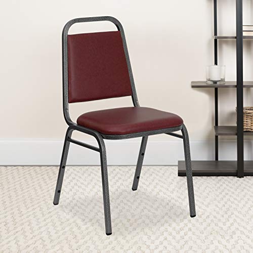 EMMA + OLIVER Burgundy Vinyl Trapezoidal Back Stacking Banquet Chair - color: Burgundy Vinyl/Silver Vein Frame
