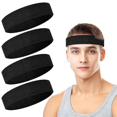 4 Pack Cotton Terry Sweat Headbands for Men Women Running Gym - color: Black