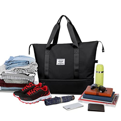 NPBAG Women Travel Duffel, Multi Functional Large Expandable Weekender Carry-on Tote, Gym Workout Overnight Bag, Mommy Hospital Bag for Labor and Delivery - color: Basic-Black, style: Basic Version