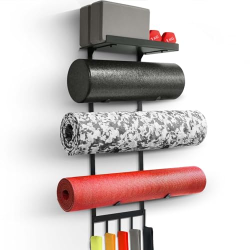 Yoga Mat Holder Wall Mount, Home Gym Storage Rack with Top Floating Shelf, 4-Tiers Holding Yoga Mat/ Blocks/ Rollers and Decorations, 5 Hooks for Resistance Bands, Skipping-Rope, Small Gym Equipment