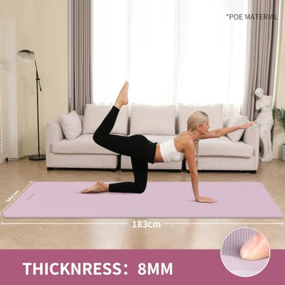Extra Wide & Thick 8mm Yoga Mat, 72"x31.5" | Large Non Slip Exercise Mat, Premium POE Material, Superior Cushioning & Stability, With Strap for Home Gym, Pilates - color: Purple
