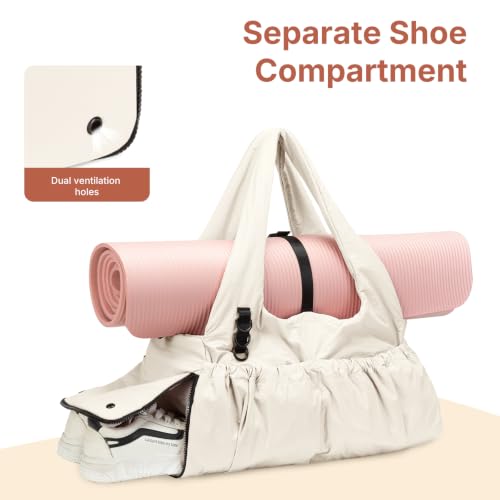 Yoga Mat Bag Yoga Bag for Women with Mat Holder Large Sport Gym Bag with Adjustable Yoga Mat Strap Shoes Compartment - color: Beige