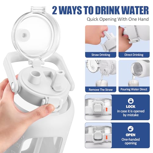 BLUEGO 84oz Glass Water Bottle with Straw and Handle, Large Water Bottle with Sip & Chug Lid, 2.5L Water Jug Silicone Sleeve with Time, Full Day Drinking Bottle for Sports BPA Free, White - color: White, size: 84 Ounces