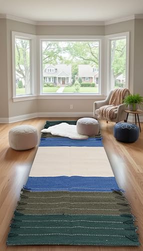 Indian Handmade 100% Organic Cotton Yoga Mat, Hand Woven Rug, Yoga Mat For Everyday Fitness at Home Comfortable Foldable Long Mat - color: White & Blue