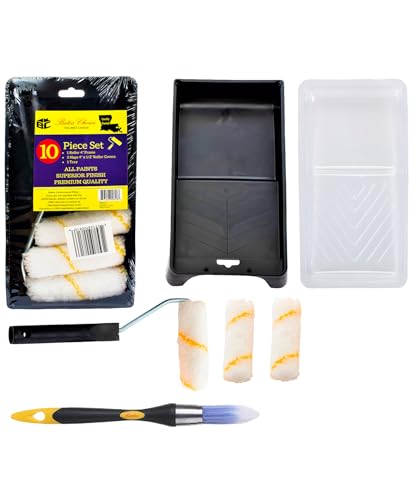 Bates- 4-Inch Paint Roller Kit, 10 pcs, Roller Set with Microfiber Sleeves & Frame, Tray, Tray Liner and Trim Brush for Walls, Cabinets, Interior, Exterior, House Painting Supplies - style: Microfiber 4", 10 pcs