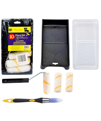 Bates- 4-Inch Paint Roller Kit, 10 pcs, Roller Set with Microfiber Sleeves & Frame, Tray, Tray Liner and Trim Brush for Walls, Cabinets, Interior, Exterior, House Painting Supplies - style: Microfiber 4", 10 pcs