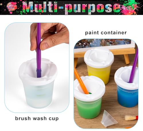 YGAOHF 12 Packs No Spill Paint Cups with Lids for Kids Toddlers, Large Paint Water Cup with 12 Pcs Paint Brushes, Arts and Crafts Supplies