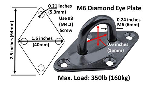 Heavy Duty Hammock Kits & Ceiling Hook Diamond Pad Eye Plates, 304 Stainless Steel & Black Zinc Galvanized Steel Corrosion Resistant, 2, 4 & 8 Packs - color: 2-Pack-Black-M6