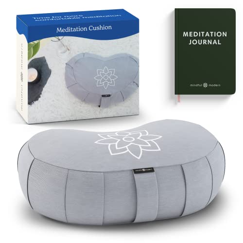 Mindful & Modern Large Meditation Cushion | Zafu Yoga Bolster Meditation Floor Pillow Seat | Buckwheat Hull Filled Crescent Shaped Cushion with Removable Washable Cover + Carry Handle | Grey - color: Crescent - Grey