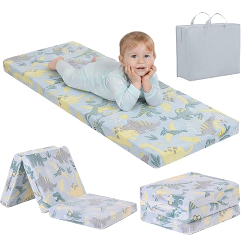 Tiita Foldable Floor Mattress for Kids-Glow in The Dark Toddler Nap Mat with Storage Bag, Portable Toddler Floor Futon for Travel, Daycare, Camping, RV, Playroom, Green Dinosaur - color: Green Dinosaur, size: 65"L x 24"W x 3"Th