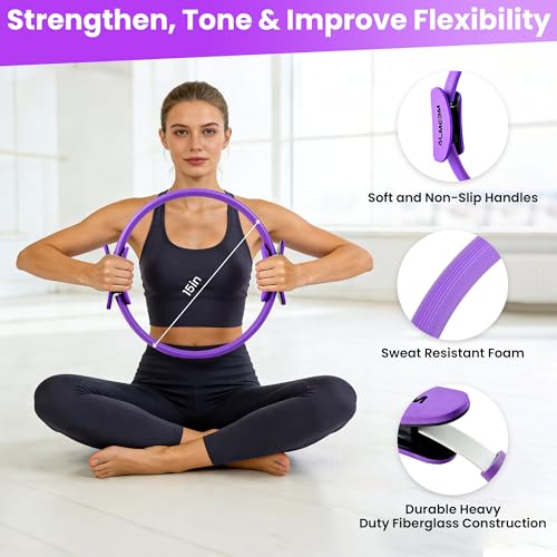 Pilates Ring Kit for Women and Men - 15 inch Magic Circle Exercise Ring and Ball Set for Home Workout Equipment - Dual Padded Handles Ring and Resistance Bands Set for All Fitness Lovers - color: PURPLE