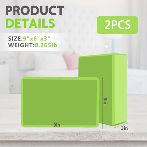 9"x6"x3" Yoga Blocks, Soft Non-Slip Surface Premium Foam Blocks, Supportive, Lightweight, Odor Resistant, Yoga Accessories for Pilates Meditation General Fitness Stretching Toning - color: green-2 Pack
