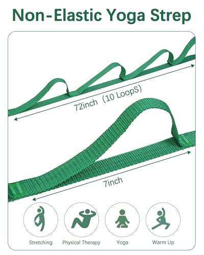 10 Loop Yoga Stretching Strap for Physical Therapy - Non-Elastic Exercise Band for Pilates, Yoga, Stretching for Women & Men - color: Green