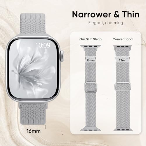 Slim Braided Stretchy Band Compatible with Apple Watch Bands Women | 40mm 41mm 42mm 38mm 44mm 45mm 46mm 49mm Thin Elastic Nylon Solo Loop Strap ,Wristband for iWatch Series 11 10 9 8 7 6 5 4 SE - color: StoneGrey, size: 44/45/46/49mm