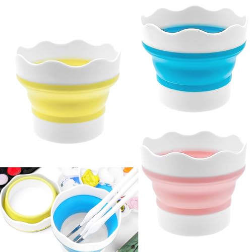 3 Pcs Collapsible Paint Brush Washer Silicone Portable Painting Water Cup Mini Foldable Washing Bucket Brush Holder Organizer Cleaner for Watercolor Oil Painting