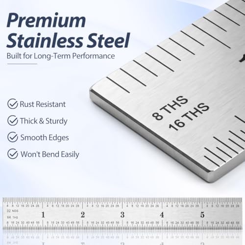 EBOOT 2 Pcs Stainless Steel Ruler Machinist Engineer Ruler with Markings 1/8, 1/16, 1/32, 1/64 Inch for Engineering, School, Office, Architect, and Drawing - size: 6 Inch, 12 Inc
