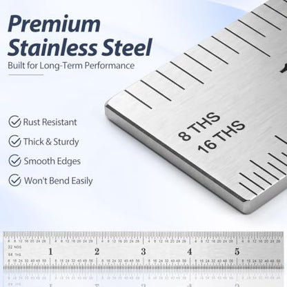 EBOOT 2 Pcs Stainless Steel Ruler Machinist Engineer Ruler with Markings 1/8, 1/16, 1/32, 1/64 Inch for Engineering, School, Office, Architect, and Drawing - size: 6 Inch, 12 Inc