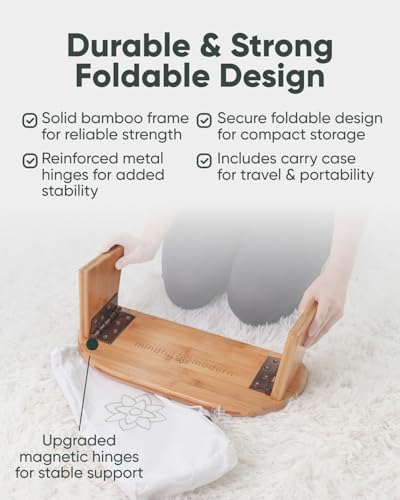 Mindful Modern Folding Meditation Bench - Bamboo Kneeling Stool with Locking Magnetic Hinges - Portable Cross Legged Folding Seiza Chair w/Travel Bag