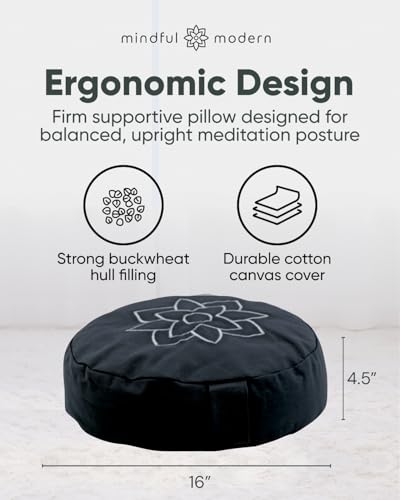 Mindful & Modern Large Meditation Cushion for Zafu Yoga - Meditation Pillow for Sitting on the Floor - Buckwheat Hull Filled Yoga Cushion with Removable, Washable 100% Cotton Cover and Carry Handle - color: Round - Black