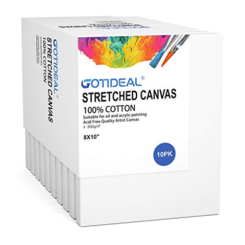 Stretched Canvas, 8x10 Inch Set of 10, Primed White | 100% Cotton Artist Canvas Boards for Painting, Acrylic Pouring, Oil Paint Dry & Wet Art Media - color: White, size: 8"x10"