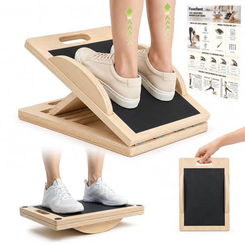 3-in-1 Wooden Slant Board, Calf Stretcher & Balance Board | Adjustable 5-level wooden slant board & wobble board for squats, physical therapy, calf stretching & balance training.