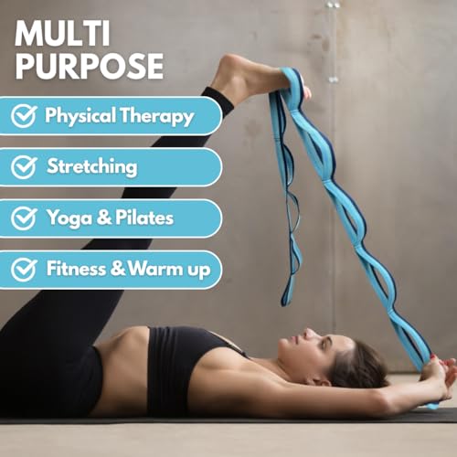 California Yoga Strap | Yoga Belt with Loops | 12 Multi Loop & Non-Elastic | Stretching Strap | Gym Workout & Exercise Bands | Physical Therapy | Improves Sitting Posture for Women & Men - color: Blue