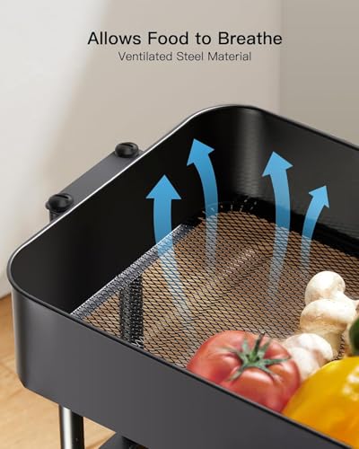 Pipishell 4 Tier Metal Rolling Utility Cart with 2 Lockable Wheels, Black | 360° Rotating Wheel, Heavy-Duty Steel, Sturdy Dual Columns, Ventilated Mesh, Hold 22 lbs per Shelf, for Kitchen & Dining Room - color: Black, size: 4 Tier