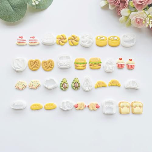 Xaekicr Bakery & Food Theme Polymer Clay Cutters Set - 12pcs Miniature Shapes Including Croissant, Burger, Avocado, Cupcake, Bread & Toast for DIY Earring Jewelry, Soft Clay Crafts & Scrapbooking - color: S color