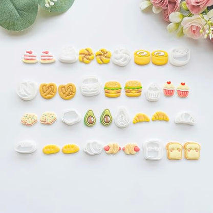 Xaekicr Bakery & Food Theme Polymer Clay Cutters Set - 12pcs Miniature Shapes Including Croissant, Burger, Avocado, Cupcake, Bread & Toast for DIY Earring Jewelry, Soft Clay Crafts & Scrapbooking - color: S color