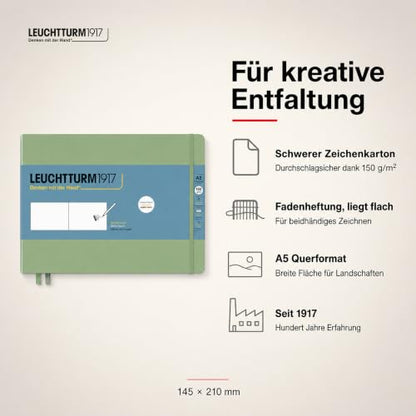 Leuchtturm1917 - Medium Landscape Hardcover Sketchbook (Sage) - 112 Pages of 150g/m² Paper | 150 g/m² drawing cardboard, blank, 112 pages, thread binding, folding pocket, bookmark, elastic closure, acid-free - color: Sage, size: Medium Landscape (A5)