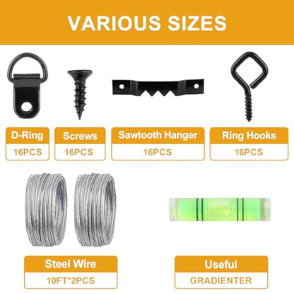 303Pcs Picture Hangers for Wall Art Decor Tapestry, Picture Hanging Kit With Heavy Duty Wall Hooks, Sawtooth, Picture Wire, D Rings, Hardware Nails, Eye Hooks, Black Frame Hooks for Drywall Wood - size: Black