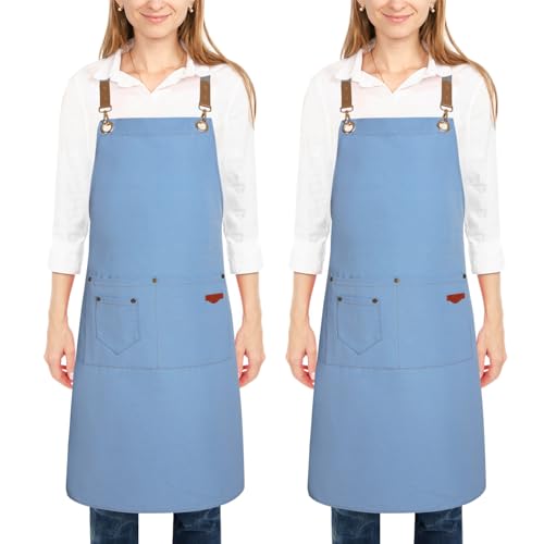 2 Pack Kitchen Cooking Aprons, Adjustable Bib Soft Chef Apron with 2 Pockets for Men Women - color: Lake Blue