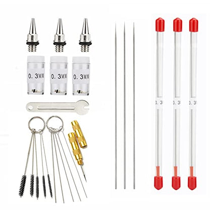 3PCS 0.3mm Airbrush Nozzles and Needles Replacement Parts with 11 in 1 Airbrush Cleaning Repair Tool for Airbrush Gun - size: 3PCS 0.3mm Nozzle and Needles/Cleaning Kit