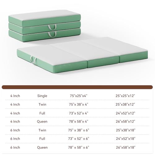 ROXGOX Memory Foam Trifold Mattress, 6 Inch Queen Foldable Mattress, Portable Floor Bed with Washable Cover, Handle & Non-Slip Bottom, for RV, Travel, Camping, Yoga, 78"x58"x6", White Green - size: Queen, style: 6 Inch-White