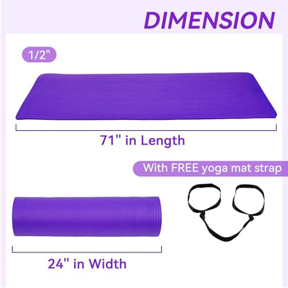 Fitvids Yoga Mat, 1/2-Inch Extra Thick High Density Exercise Mat, Anti-Tear Exercise Yoga Mat with Carrying Strap, Suitable for Various Yoga Exercises - color: Purple