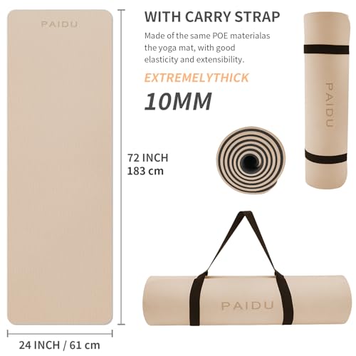 PAIDU POE Yoga Mat （10mm）Extra Thick Fitness Mat 72"x24" with Carry Strap | Non-slip, tear-resistant and suitable for all ages, perfect for yoga, Pilates, home gym and full-body workouts. - color: Beige+Black.