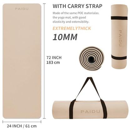 PAIDU POE Yoga Mat （10mm）Extra Thick Fitness Mat 72"x24" with Carry Strap | Non-slip, tear-resistant and suitable for all ages, perfect for yoga, Pilates, home gym and full-body workouts. - color: Beige+Black.