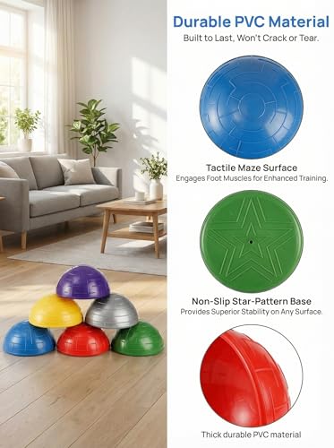 Fasmov 6 Pack Balance Pod, Balance Trainer Dots for Squat Touch Downs, Core Body Balancing, Inflatable Stepping Pads, 1 Hand Pump