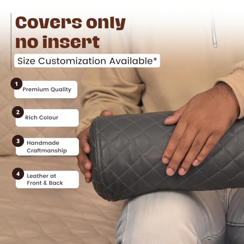 Neck Roll Pillow Cushion Cover, 16x6 Inch Full Moon Round Bolster Pillow Case, Cylinder Soft Lambskin Leather Pillowcase for Head, Spine & Neck Support During Sleep - Quilted Charcoal Grey Pack of 2 - color: Quilted Charcoal Grey Pack of 2