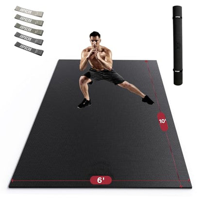 HAPBEAR Large Exercise Mat-6'x4'/7'x5'/6'x8'/6'x9'/6'x10'/6'x12'x 1/3"(8mm) - color: Black-High Density 10'×6'×⅓"