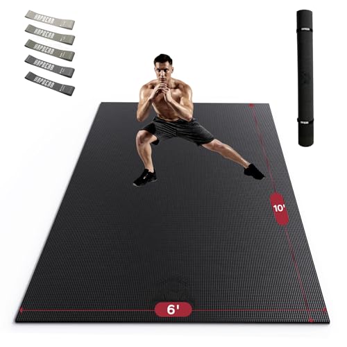 HAPBEAR Large Exercise Mat-6'x4'/7'x5'/6'x8'/6'x9'/6'x10'/6'x12'x 1/3"(8mm) - color: Black-High Density 10'×6'×⅓"