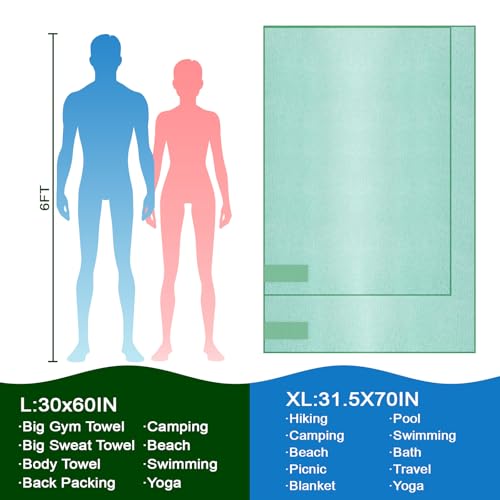 Yoga Mat Towel 30X60 Inch Quick Dry Microfiber Camping Towel Fast Drying Lightweight Travel Body Beach Swimming Pool Towels(Light Green, 1 Pack L(30X60 Inch) - color: Light Green, size: 1 Pack L(30X60 Inch