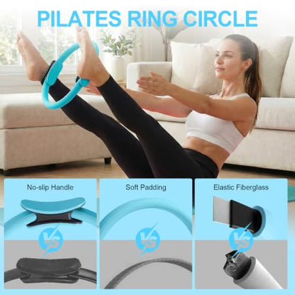 Home Pilates Ring and Ball Set for Women with 5 Resistance Bands 13 inch Magic Circle Workout Starter Kit for Beginners Full Body Toning 15 Min Daily Routine - color: Blue