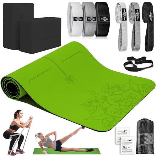 DICYWUDI Yoga Mat Thick, 6 Fabric Resistance Bands, 2 Pack Yoga Blocks, Home Workout Equipment Essentials Starter Kit for Beginners Full Body Toning - color: Black